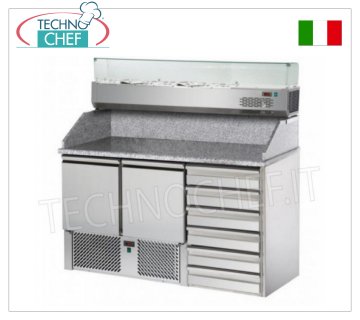 Mostrador refrigerado para pizza, 2 puertas, 6 cajones, vitrina para ingredientes, dim.mm.1410x700x1525h