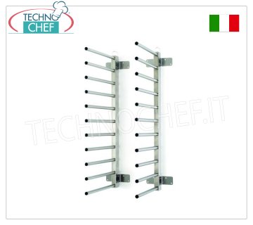 Soporte de pared plegable de acero inoxidable con clavijas para sartenes.
