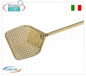 Pala para pizza rectangular perforada de aluminio, Gold Line, longitud del mango 150 cm