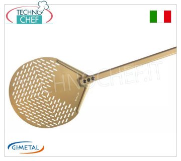 Pala para pizza redonda perforada de aluminio, Gold Line, longitud del mango 150 cm