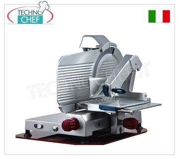 TECHNOCHEF - Cortadora vertical para embutidos, transmisión por engranajes, cuchilla Ø 350 mm, brazo prensador de salchichas articulado autoblocante