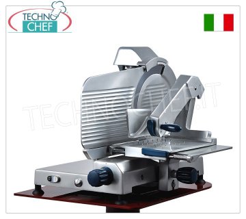 TECHNOCHEF - Cortadora vertical para embutidos, transmisión por engranajes, cuchilla Ø 370 mm, brazo prensador de salami articulado autoblocante