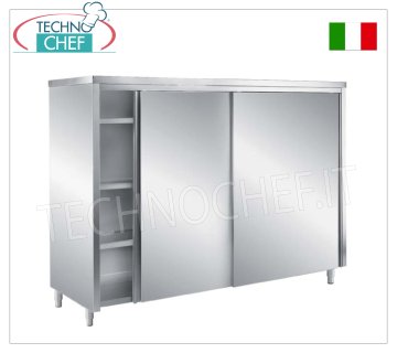 Mueble para vajilla en acero inoxidable 304 con puertas correderas y 3 estantes intermedios, Fondo 60 cm - Alto 200 cm