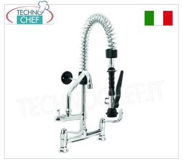 Grifo mezclador de dos orificios con ducha suspendida de 600 mm de altura y caño giratorio, mandos con palancas cortas.