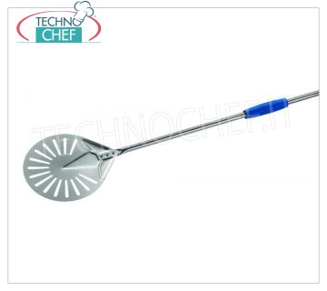GI.METAL - Paleta de pizza de acero inoxidable, versión perforada, línea profesional Palino para girar y batir PERFORADO, de ACERO INOXIDABLE, con mango de plástico azul y mango deslizante, diámetro 200 mm, longitud del mango 1500 mm.