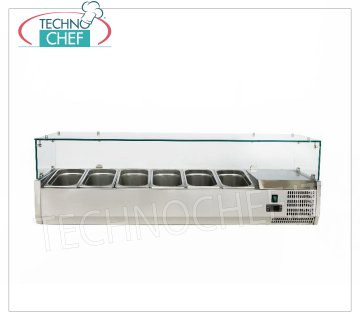 Vitrina para ingredientes de pizza, refrigerada, 140 cm de largo, para 6 recipientes GN 1/4 VITRINA REFRIGERADA DE ACERO INOXIDABLE horizontal para INGREDIENTES DE PIZZA, versión con vaso recto, temp. +2°/+8 °C, línea con PROFUNDIDAD 335 mm. para 6 contenedores GN 1/4, V 230/1, Kw 0,145, Peso 64 Kg, dim. mm. 1400x335x435h.