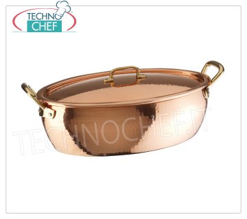 Cacerola ovalada en COBRE, estañada interiormente con tapa, dim. mm. 380x250x130h.