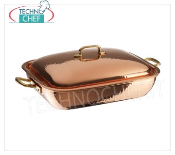 Sartén rectangular en COBRE, estañada interiormente con tapa, dim. mm. 380x280x110h.