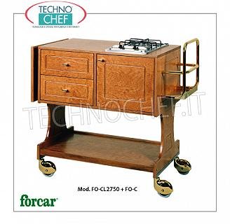 Forcar - CARRO FLAMBA de 2 QUEMADORES en 1 ÚNICO PLANO, color wengué, Mod.CL2750W Carro flambeado de madera multiestrato teñido NOGAL, con 2 QUEMADORES, portabotellas, solapa lateral, compartimento inferior con puerta abatible, 2 cajones y estante inferior, dim.mm.1070x580x910h