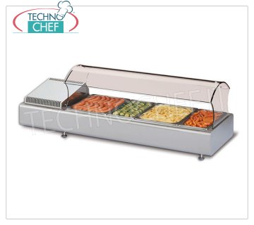 Technochef - GABINETE DE PANTALLA DE CONTADOR REFRIGERADO con CRISTAL CURVADO DE SERVICIO AUTOMÁTICO, Temp. + 2 ° / + 10 ° C Vitrina refrigerada para mostrador con vidrio curvo de autoservicio, capacidad del contenedor: todos los formatos GN - H max 100 mm, temperatura + 2 ° / + 10 ° C, refrigeración estática, V.230 / 1, Kw.0.13, Peso 40 Kg, dim.mm.1023x380x370h