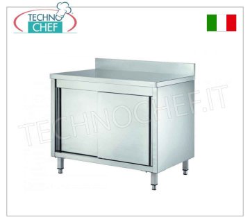 Mesa armario de acero inoxidable con puertas correderas y salpicadero, 70 cm de fondo