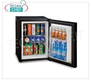 Frigorífico mini-bar para hostelería, TERMOELÉCTRICO, de empotrar o de pie, 65 W, - 40 lt, clase A+, mod. TP40N Frigorífico minibar para habitación de hotel, TERMOELÉCTRICO, clase A+, capacidad 40 lt, temperatura +8°/+14°C, V.230/1, Kw.0,065, Peso 18 Kg, dim.cm.40,5x44,3x54,5h