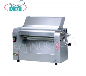 LAMINADORA DE PASTA PROFESIONAL con RODILLOS DE ACERO INOXIDABLE DE 420 mm Laminadora de 1 par de rodillos de acero inoxidable de 420 mm de largo, doble boca para insertar la masa, preparada para la aplicación de HERRAMIENTAS CORTADORAS DE HOJAS, V.230/1, Kw.0,37, Peso 49 Kg, dim.mm.650x303x466h