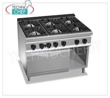 TECHNOCHEF - COCINA GAS 6 FUEGOS sobre HORNO GAS GN 2/1, mod. G9F6+FG COCINA A GAS 6 FUEGOS sobre HORNO A GAS GN 2/1, Línea MAXIMA 900, Serie ALTA POTENCIA, potencia térmica total. Kw.61,3, Peso 202 Kg, dim.mm.1200x900x900h