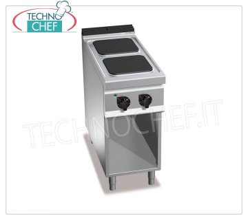 TECHNOCHEF - COCINA ELÉCTRICA 2 PLACAS sobre MUEBLE ABIERTO, mod. E9PQ2M COCINA ELÉCTRICA 2 PLACAS sobre ARMARIO ABIERTO, Línea BERTOS MAXIMA 900, Serie ALTA POTENCIA, con 2 placas CUADRADAS de 300x300 mm, MANDOS INDEPENDIENTES, 6 niveles de potencia, V.400/3+N, Kw 7.00, Peso 56 Kg , dim .mm.400x900x900h