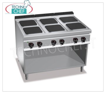 TECHNOCHEF - COCINA ELÉCTRICA 6 PLACAS sobre MUEBLE ABIERTO, mod. E9PQ6M COCINA ELÉCTRICA 6 PLACAS sobre ARMARIO ABIERTO, Línea BERTOS MAXIMA 900, Serie ALTA POTENCIA, con 6 placas CUADRADAS de 300x300 mm, MANDOS INDEPENDIENTES, 6 niveles de potencia, V.400/3+N, Kw 21.00, Peso 136 Kg , dim.mm .1200x900x900h