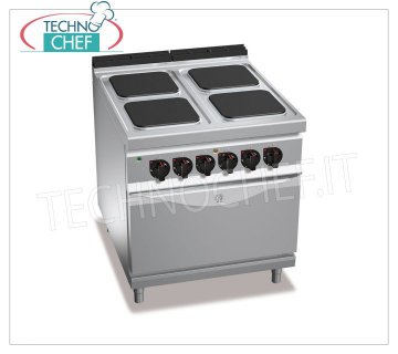 TECHNOCHEF - COCINA ELÉCTRICA 4 PLACAS sobre HORNO ELÉCTRICO GN 2/1, mod. E9PQ4+FE COCINA ELÉCTRICA 4 PLACAS sobre HORNO ELÉCTRICO GN 2/1, Línea BERTOS MAXIMA 900, Serie ALTA POTENCIA, con 4 placas CUADRADAS de 300x300 mm, MANDOS INDEPENDIENTES, 6 niveles de potencia, V.400/3+N, Tot. Kw 21, 5 , Peso 138 Kg, dim.mm.800x900x900h