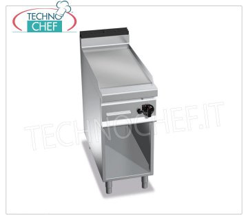 PLANCHA A GAS con PLACA LISA en MULTICARTÓN, sobre MUEBLE, mod. G9FL4M FRY TOP A GAS con PLACA LISA, Línea BERTOS MAXIMA 900, Serie MULTIPAN, 1 módulo en COMPARTIMENTO ABIERTO con ZONA DE COCCIÓN mm 396x667, potencia térmica Kw.10,00, Peso 66 Kg, dim.mm.400x900x900h