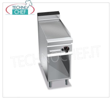 PLANCHA A GAS con PLACA RANURADA en MULTIBANDEJA, sobre COMPARTIMENTO, mod. G9FR4M FRY-TOP A GAS con PLACA RANURADA, Línea BERTOS MAXIMA 900, Serie MULTIPAN, 1 módulo en COMPARTIMENTO ABIERTO con ZONA DE COCCIÓN mm 396x667, potencia térmica Kw.10,00, Peso 66 Kg, dim.mm.400x900x900h