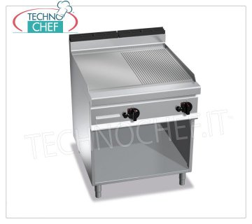 FRY TOP A GAS, PLACA MULTISARTÉN 1/2 ACANALADA y 1/2 LISA, mod.G9FM8M-2 FRY TOP A GAS con PLACA 1/2 LISA y 1/2 ACANALADA, BERTO'S, Línea MAXIMA 900, Serie MULTIPAN, Módulo DOBLE en COMPARTIMENTO ABIERTO con ZONA DE COCCIÓN de 796x667 mm, CONTROLES INDEPENDIENTES, potencia térmica Kw.20,00, Peso 111 Kg, dim. mm.800x900x900h