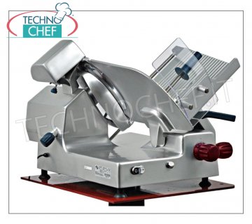 TECHNOCHEF - Cortafiambres inclinado por gravedad, transmisión por engranajes, cuchilla Ø 370 mm, Professional Rebanadoras por gravedad en aleación de aluminio con transmisión por engranajes, diámetro hoja mm 370, peso 41 Kg, dim.mm 825x695x690h