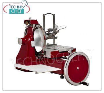 TECHNOCHEF - CORTADORA DE VOLANTE MANUAL, cuchilla Ø 350 mm, Profesional Cortafiambres manual VOLANTE para embutidos, diámetro hoja 350 mm, Colores estándar: ROJO, NEGRO, CREMA o Personalizable bajo pedido, dim. mm 710x870x800h.