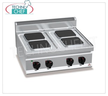 TECHNOCHEF - COCINA ELÉCTRICA 4 PLACAS SUPERIORES, Kw.10,4, Mod.E7PQ4B COCINA ELÉCTRICA 4 PLACAS BERTOS, Línea MACROS 700, Serie ALTA POTENCIA, con 4 placas CUADRADAS de 220x220 mm, MANDOS INDEPENDIENTES, 6 niveles de potencia, V.400/3+N, Kw.10,4, Peso 49 Kg, dim .mm.800x700x290h