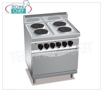 TECHNOCHEF - COCINA ELÉCTRICA 4 PLACAS sobre HORNO GN 2/1, Kw.17,9, Mod.E7P4+FE COCINA ELÉCTRICA 4 PLACAS sobre HORNO ELÉCTRICO GN 2/1, BERTOS, Línea MACROS 700, Serie ALTA POTENCIA, con 4 placas REDONDAS Ø 220 mm, MANDOS INDEPENDIENTES, 6 niveles de potencia, V.400/3+N, Kw.17, 9 , Peso 100 Kg, dim.mm.800x700x900h