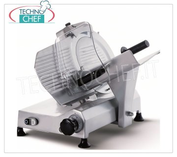 TECHNOCHEF - GRAVITY / INCLINED SLICER, hoja Ø 275 mm, Profesional, Mod. F275I Cortadora inclinada por gravedad, hoja de 275 mm de diámetro, hecha de aleación de aluminio, completa con afilador de cuchillas fijo, V 230/1, Kw 0.245, Peso 22 Kg, dim.mm.495x465x440h