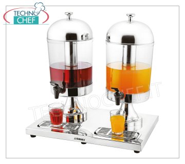 Dispensadores de jugos y bebidas (buffet) DISPENSADOR DE BEBIDAS en acero inoxidable con 2 contenedores transparentes de 8 + 8 litros, completo con grifo dispensador, dimensiones 36x52x55h cm