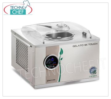 Congelador de lotes profesional de acero inoxidable, Superautomático, Serie Touch i-Green, Capacidad 5,6 l, modelo GELATO4KTOUCH Batidora profesional de sobremesa para helados y sorbetes, refrigeración por aire, cuerpo y cuchillas en acero inoxidable, PRODUCCIÓN 5,60 litros/h, duración ciclo 12-15 min, V.230/1, kw 0,32, Peso 26,2 Kg, dimensiones mm 415x430x310h