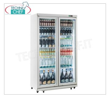 Technochef - Frigorífico 2 puertas cristal, lt.1050, Ventilado, Temp.-1°/+10°C, Clase C, mod.DC1050 Armario frigorífico para BEBIDAS con 2 puertas de cristal, en acero pintado de blanco, capacidad lt.1050, Temperatura -1°/+10°C, Refrigeración ventilada, Gas R290, Clase C, V.230/1, Kw.0,475, Peso 138 Kg, dim.mm.1120x595x1975h