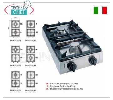 Estufa de gas profesional de sobremesa, 2 fuegos. ESTUFA DE GAS DE MESA con 2 QUEMADORES PROFESIONALES DE ACERO INOXIDABLE, funcionamiento con gas universal, dimensiones 350x660x170h mm, fabricada en 6 VERSIONES con POTENCIA TÉRMICA de 6 a 13 kw, GAMA COMPLETA