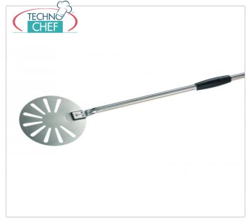 GI.METAL - Paleta de pizza redonda de acero inoxidable, versión PUNCHED, Mod. 85906 Pizza redonda Palino para torneado y batido, versión perforada, de ACERO INOXIDABLE, con mango y mango deslizante en plástico negro, diámetro 200 mm, longitud del mango 1500 mm.