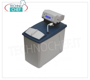 Technochef - DESCALCIFICADOR AUTOMATICO con cabina, 8 lt., CRONOMÉTRICO, Serie AL Descalcificador-purificador de agua automático de 8 litros con cabina, Serie AL, con válvula cronométrica ALIA, caudal máximo 1400 l/h, conexión de agua 3/4''G, pantalla LCD y aviso de falta de sal, V.230/1, Watt. 4,00, Peso 12 Kg, dim.mm.250x460x485h