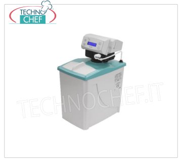 Technochef - DESCALCIFICADOR AUTOMÁTICO con cabina de 5 litros, CRONOMÉTRICO, Serie AL Descalcificador-purificador automático con armario de 5 lt, con 3,5 l de RESINA, Serie AL, válvula ALIA cronométrica, caudal máx. 1400 l/h, conexión de agua 3/4''G, display LCD y aviso de nivel bajo de sal, V.230 /1, Watt 4, Peso 11 Kg, dim.mm.230x360x460h