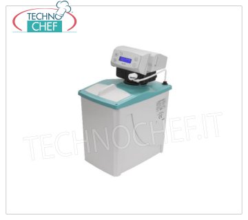 Technochef - DESCALCIFICADOR AUTOMATICO con cabina, 5 lt., CRONOMÉTRICO, Serie AL Descalcificador-purificador de agua automático con cabina de 5 litros, con 3,5 litros de RESINA, Serie AL, válvula cronométrica ALIA, caudal máximo 1400 l/h, conexión de agua 3/4''G, display LCD y aviso de falta de sal, V. 230/1, Watt 4, Peso 11 Kg, dim.mm.230x360x460h