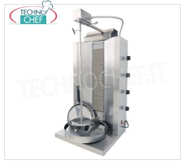 Technochef - GYROS PROFESIONAL GAS con 4 QUEMADORES, varilla de cocción de 845 mm de alto Giroscopios de gas en acero inoxidable con 4 quemadores verticales independientes, barra de cocción de 845 mm de altura, capacidad de carga 35 kg, potencia térmica Kw.10,8, peso 30 kg, dim.mm.590x530x1070h