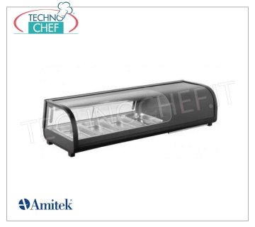 Vitrina Refrigerada para Sushi, capacidad 4 sartenes GN 1/3 VITRINA REFRIGERADA para SUSHI, capacidad 4 bandejas GN 1/3, Clase B, temperatura de funcionamiento 0°/+12°C, V.230/1, Kw.0,19, dim.mm. 1177x425x295h