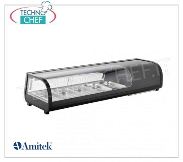 Vitrina Refrigerada para Sushi, capacidad 5 bandejas GN 1/3 VITRINA REFRIGERADA para SUSHI, capacidad 5 bandejas GN 1/3, Clase C, temperatura de funcionamiento 0°/+12°C, V.230/1, Kw.0,19, dim.mm. 1352x425x295h