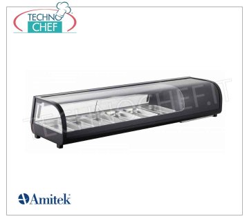 Vitrina Refrigerada para Sushi, capacidad 6 cubetas GN 1/3 VITRINA REFRIGERADA para SUSHI, capacidad 6 bandejas GN 1/3, Clase C, temperatura de funcionamiento 0°/+12°C, V.230/1, Kw.0,19, dim.mm. 1529x425x295h