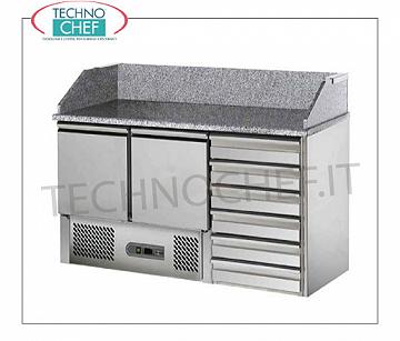 Mostrador de Pizza Refrigerado GN, 2 Puertas, 6 Cajones, Encimera de Granito con Protector Contra Salpicaduras, Ecológico MESA PIZZA REFRIGERADA 2 PUERTAS GN 1/1 + CAJONERA de 6 cajones, Temp. ventilada +2°+8°C, ECOLÓGICA, GAS R134a-R600a-R290, V.230/1, Kw.0,23, Peso 270 kg , dim.mm.1400x700x1030h