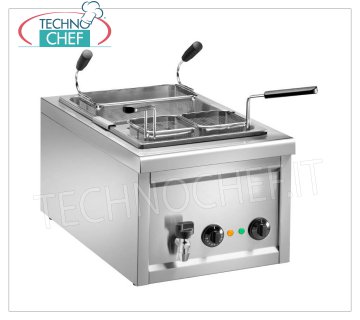 COCEDOR DE PASTA ELÉCTRICO DE ENCIMERA en ACERO INOXIDABLE Cocedor de pasta eléctrico de sobremesa en acero inoxidable, completo con 1 cesto de 275x150x200h mm + 2 cestos de 125x125x200h mm, termostato de 0° a 110°C, V.230/1, Kw.3,2, Peso 15 Kg, dim.mm .400x700x340h