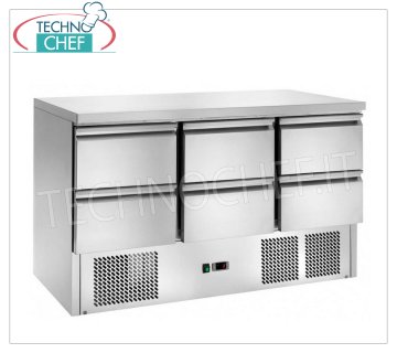 Mesa Refrigerada, 6 Cajones, Temp.+2°/+8°C, Estática, Clase E, mod.AK943-6D Mesa refrigerada de 6 cajones, temperatura +2°/+8°C, refrigeración estática, ECOLÓGICA en Clase E, Gas R290, V.230/1, Kw..0,28, Peso 127 Kg, dim.mm.1365x700x850h