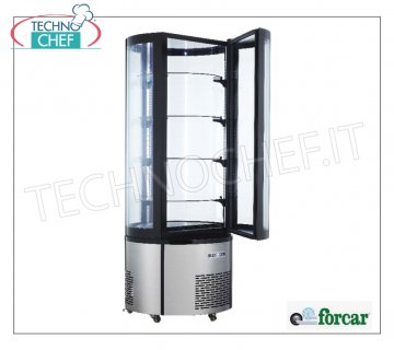 Technochef - Vitrina FRIDGE sobre ruedas con cristal redondo, 1 Puerta, Estática, Temp.+2°/+8°C, lt.400, Clase C, Mod.ARC400RC Vitrina refrigerada sobre ruedas con 1 puerta redonda de cristal, estructura exterior en acero inoxidable AISI 430 estático, temperatura +2°/+8°C, capacidad 400 litros, Clase C, Iluminación Led, V.230/1, Kw.0, 21, Peso 127 Kg, dim.mm.680x1750h