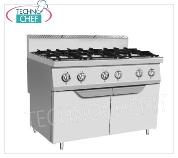 Technochef - COCINA A GAS 6 QUEMADORES en MÓVIL, Kw.31,5 ESTUFA A GAS 6 QUEMADORES sobre MÓVIL, Línea 700, potencia térmica Kw.31,5, dim.mm.1200x700x1085h