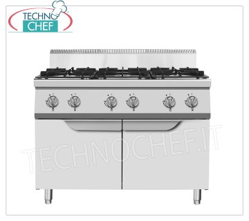 Technochef - COCINA A GAS 6 QUEMADORES en MÓVIL, Kw.53,5 ESTUFA A GAS 6 QUEMADORES sobre MÓVIL, Línea 900, potencia térmica Kw.53,5 dim.mm.1200x900x1140h