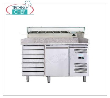 Mostrador Pizza Refrigerado 1 Puerta, 7 Cajones, Exhibidor de Ingredientes 1/3 o 1/4 gn, Clase C MESA PIZZA REFRIGERADA VENTILADA 1 PUERTA, CLASE C, GAS R600a, marca FORCOLD, temperatura de funcionamiento -2°/+8 °C, con VITRINA REFRIGERADA de 330 o 380 mm de profundidad, 7 cajones, Kw.0,275, V.230/1 , dim .mm.1510x800x1435h, peso 346 kg cap. 390 litros