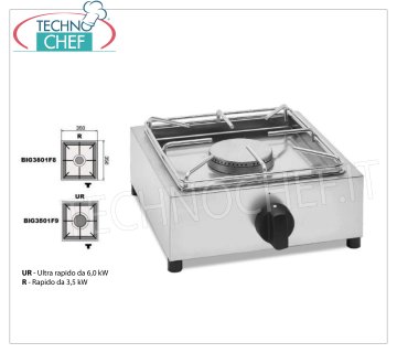Technochef - Estufa de sobremesa a gas profesional, 1 fuego ESTUFA A GAS DE MESA de 1 QUEMADOR PROFESIONAL en ACERO INOXIDABLE de gas universal, con 1 QUEMADOR RÁPIDO de 3,5 kw, peso 5,9 kg, dimensiones 350x350x170h mm