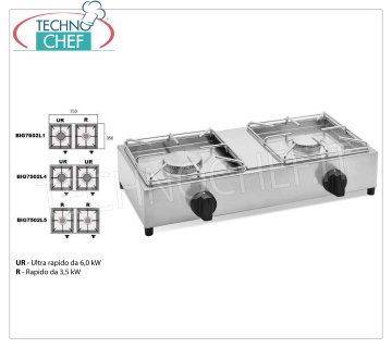 Technochef - Estufa de gas profesional de mesa, 2 fuegos ESTUFA DE MESA DE GAS de 2 QUEMADORES PROFESIONALES DE ACERO INOXIDABLE funcionamiento a gas universal, con 1 QUEMADOR ULTRA RÁPIDO de 6,00 kw y 1 QUEMADOR RÁPIDO de 3,5 kw, peso 12 kg, dimensiones 750x350x170h mm